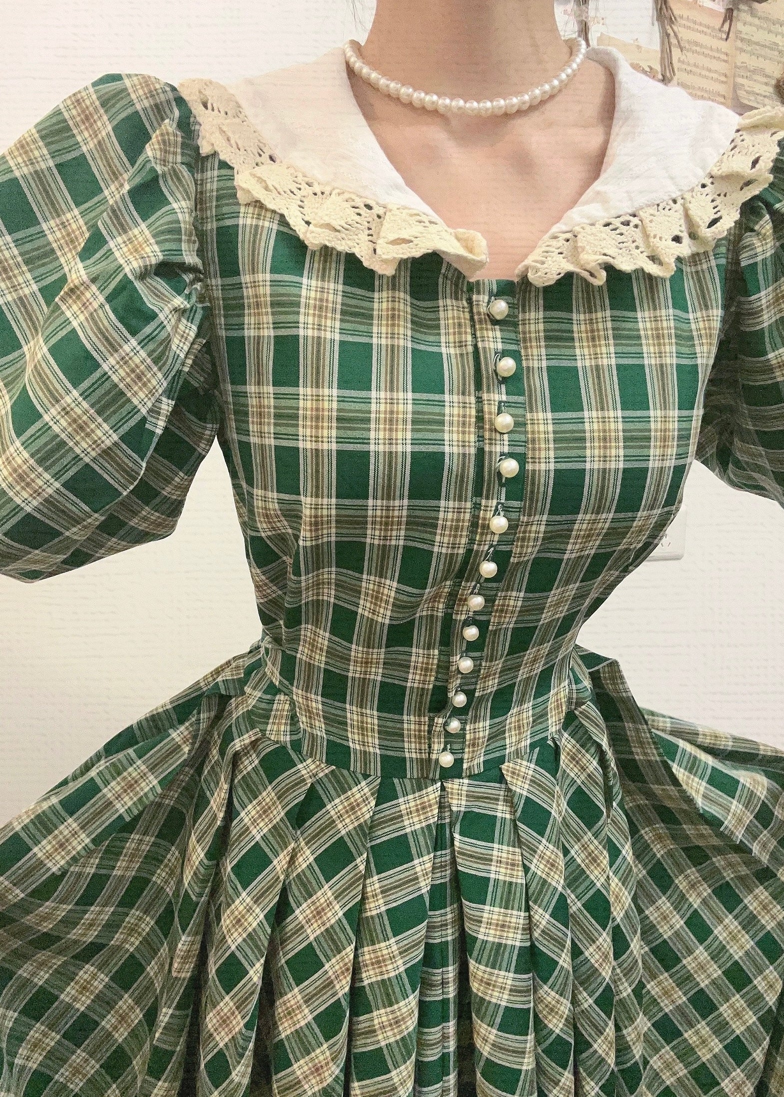 Vintage Plaid Puff Sleeve Tea Dress S / Green I Retro Fairy