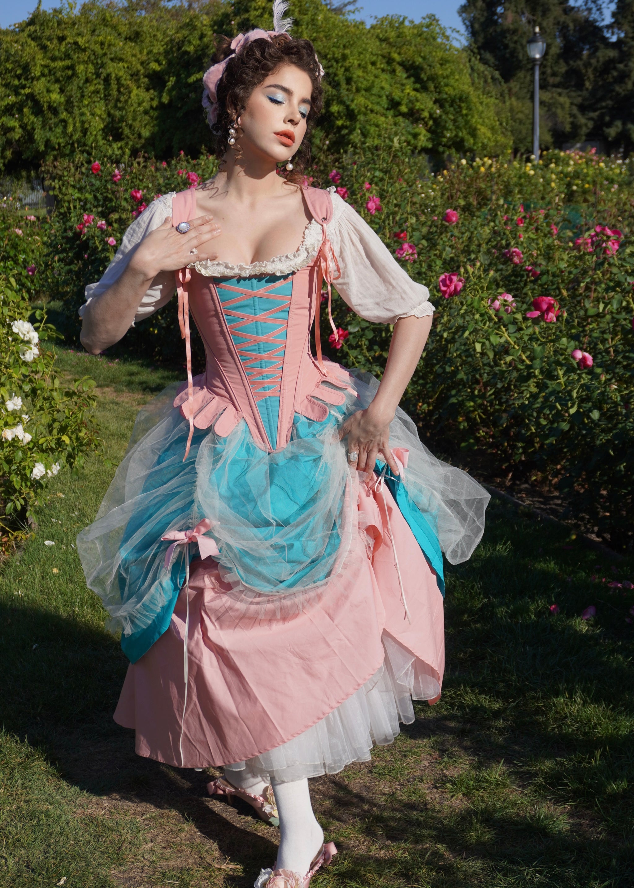 corset dress old fashioned Rose Print A Line Corset Midi Dress in Pink