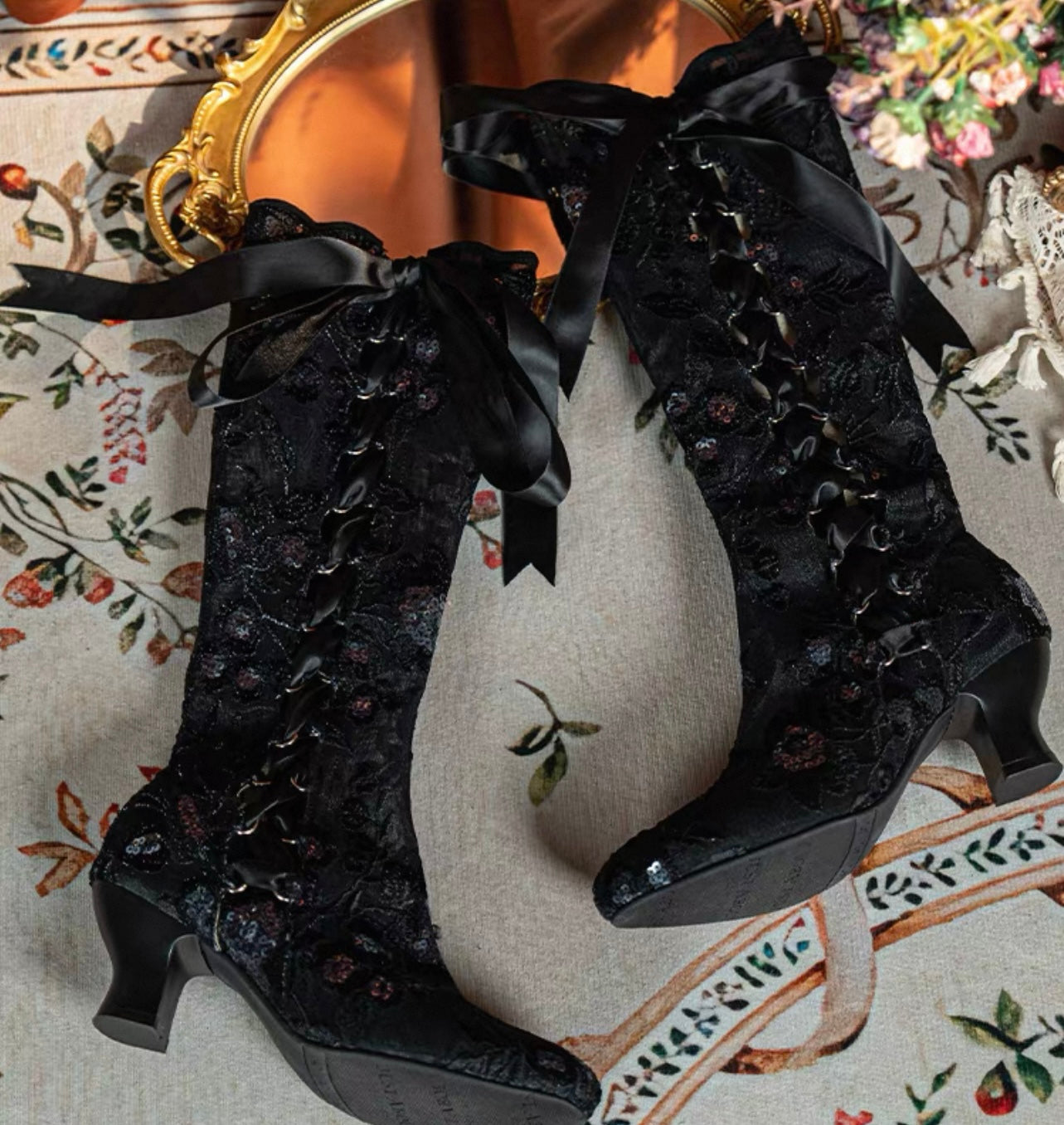 ACLENT Lace up switching long boots aclent Lace up switching long